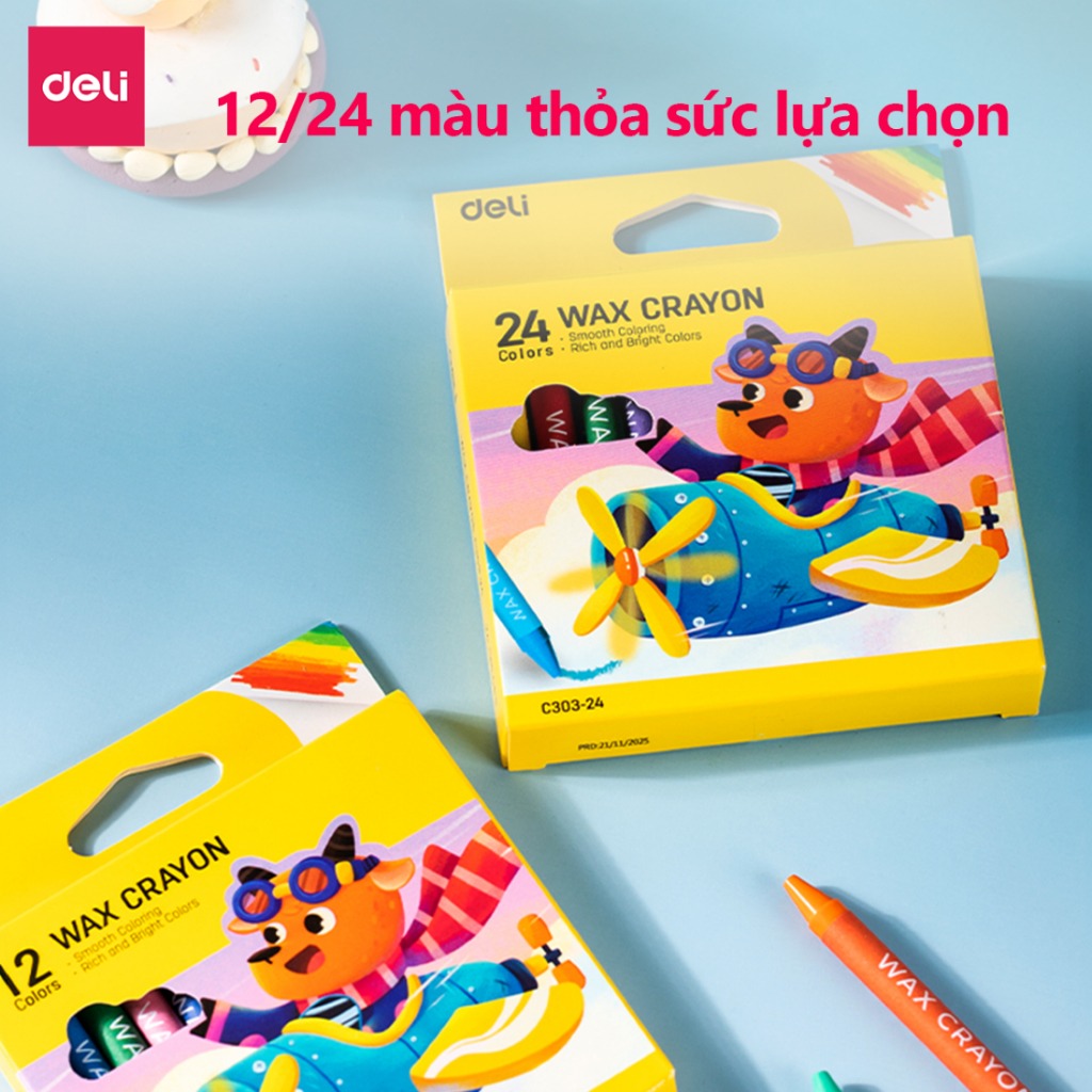 Bút Sáp Màu Deli 12/24 Màu Tươi Sáng, Màu Sáp Mịn, An Toàn Cho Bé Tô Màu, Học Tập Mỹ Thuật