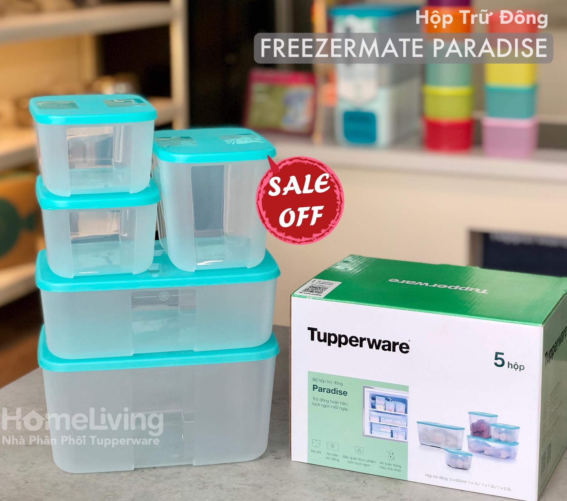 Bộ trữ đông Paradise Tupperware (5 hộp), kích thước đa dạng, có hộp 2.3L size to, phù hợp bảo quản nhiều loại thực phẩm khác nhau