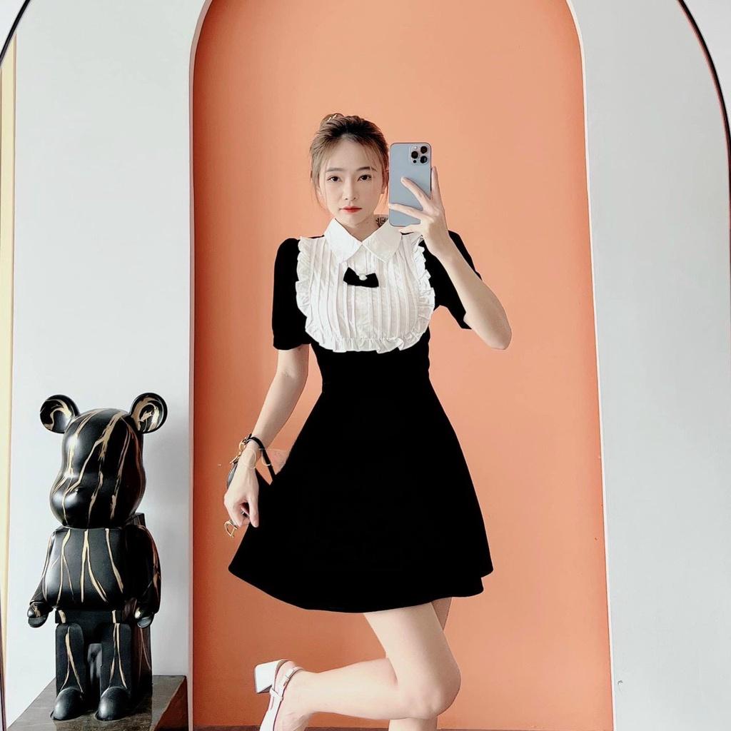 Váy đầm nữ mini dáng xòe cổ bẻ phối bèo đính nơ xinh xắn cực hót