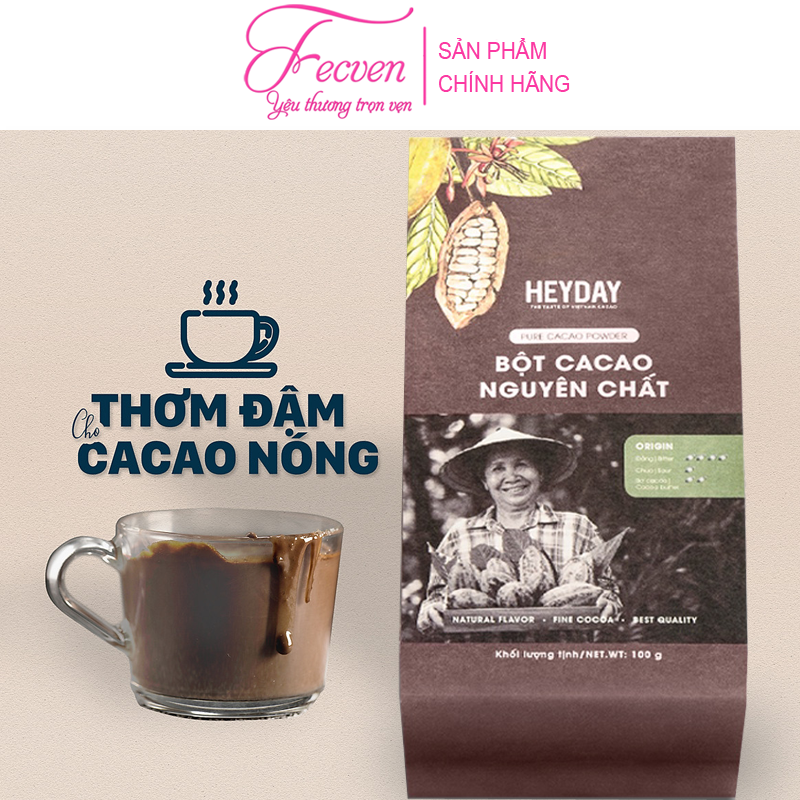 Bột Cacao Nguyên Chất Heyday Origin - Nguyên Chất 100%, Không Đường - Vị Cân Bằng, Đắng Đậm, Béo Dịu, Thơm Nồng - Dòng Thượng Hạng Dùng Để Uống, Pha Chế, Làm Bánh - FECVEN