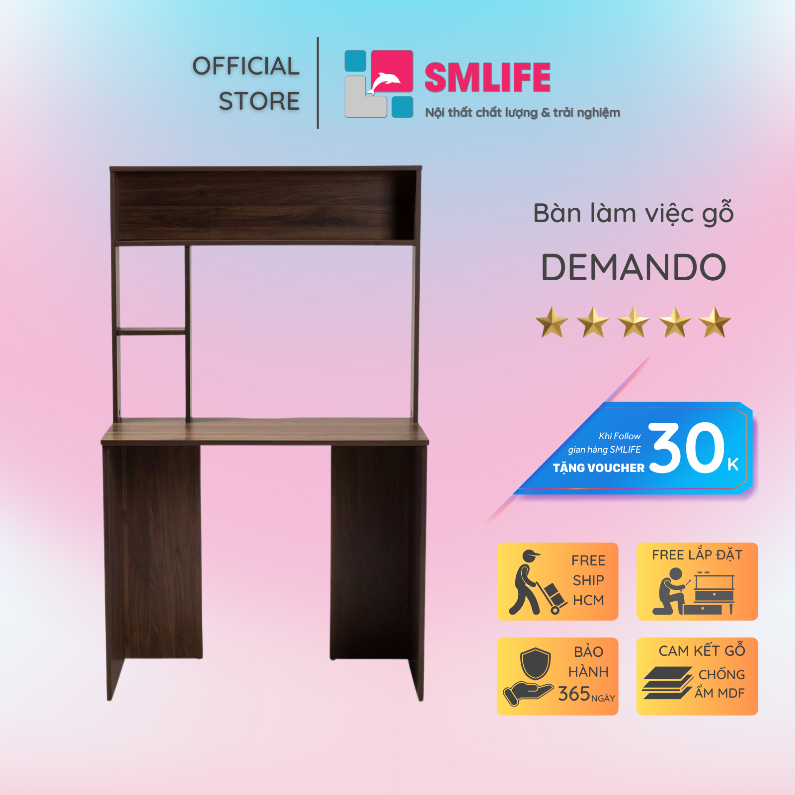 Bàn làm việc, bàn học gỗ hiện đại SMLIFE Demando | Gỗ MDF dày 17mm chống ẩm | D90xR50xC150cm