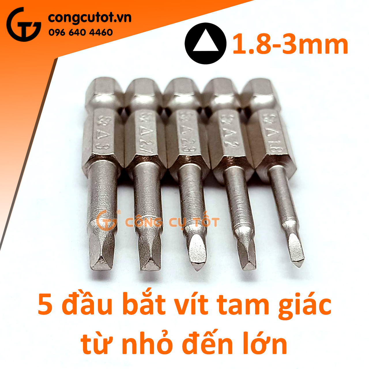 Vỉ 5 đầu bắt vít tam giác  chuôi lục thép S2 xi trắng 1.8-3mm dài 50mm