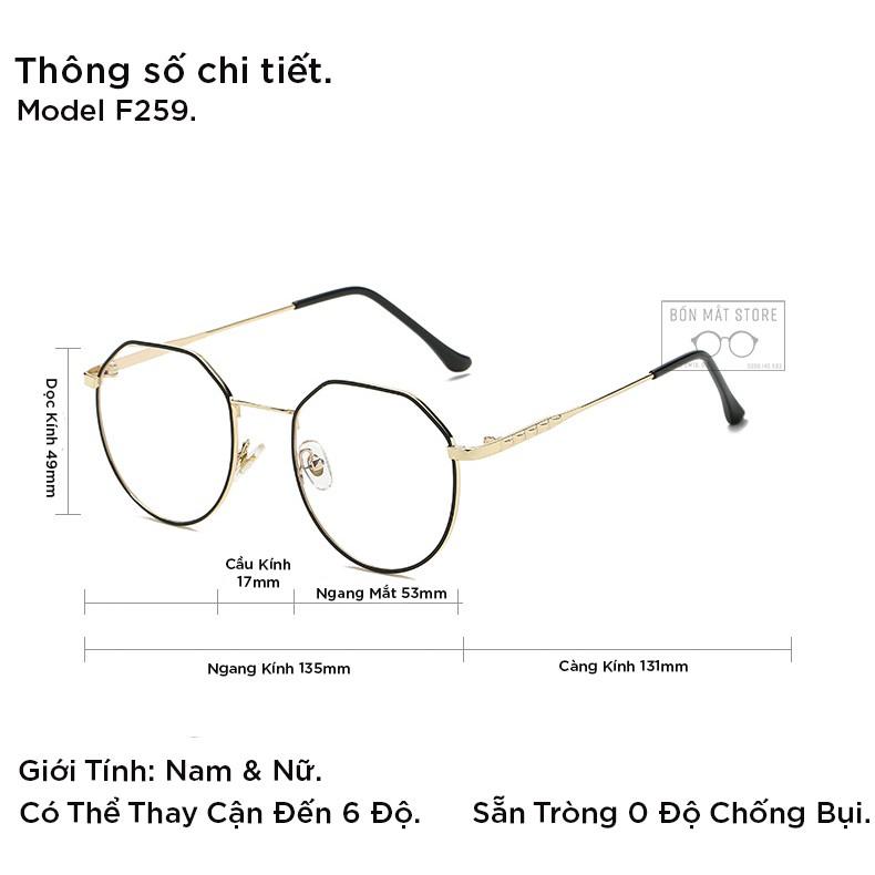 Gọng Kính Kim Loại Tròn Form Vát F259 -Tặng Hộp Khăn