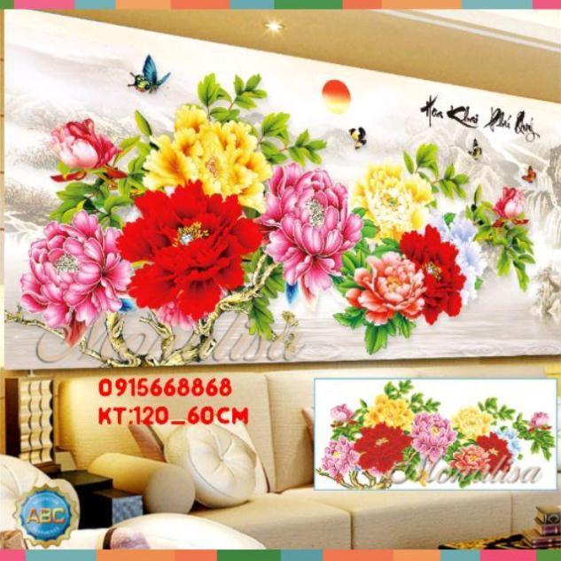 Tranh đính đá hoa mẫu đơn tuyệt đẹp kt 120*60cm