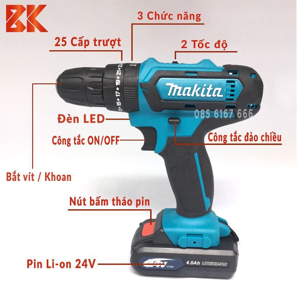 Máy Khoan Pin MAKITA 24V – Tặng phụ kiện 24 chi tiết – Khoan, Bắt vít, Khoan bê tông – Pin 5 CeLL