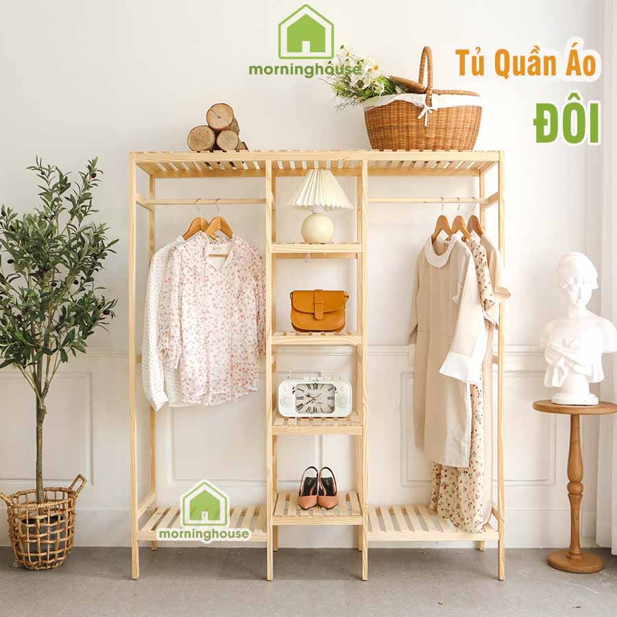 KỆ TREO QUẦN ÁO GỖ THÔNG LẮP RÁP TIỆN LỢI -TRIPLE HANGER- Dài 135 x Cao 150 x Rộng 35 cm