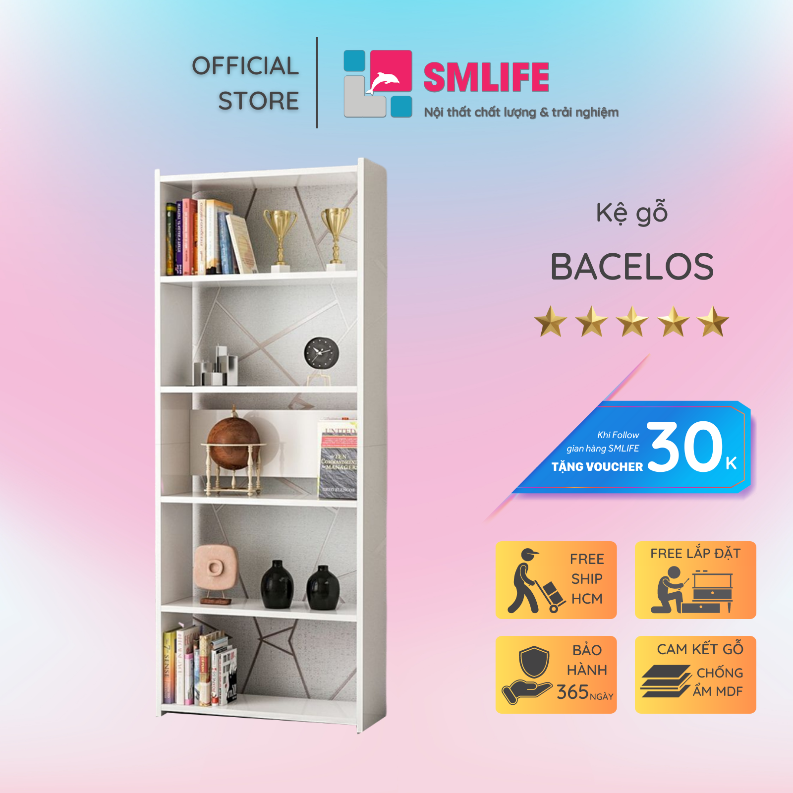 Kệ sách, kệ trang trí gỗ hiện đại SMLIFE Bacelos | Gỗ MDF dày 17mm chống ẩm | D60xR25xC160cm