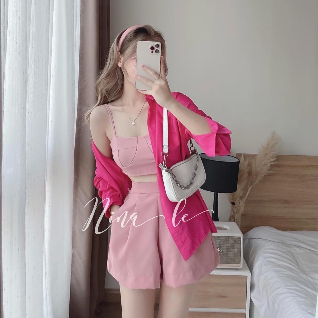 Sét bộ 3 món thời trang nữ áo khoác sơ mi kèm croptop 2 dây, phối quần đùi ống rộng thích hợp cho nàng dạo phố, đi biển