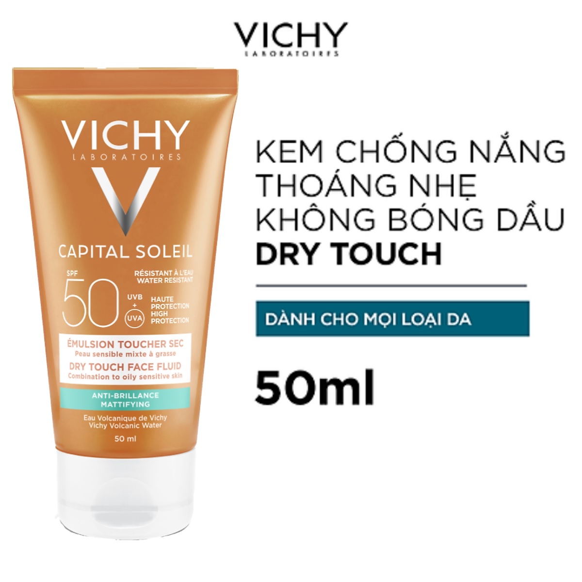 Kem Chống Nắng Không Gây Nhờn Rít Không Màu SPF50  Vichy Capital Soleil SPF50 Face Dry Touch (50ml) -100516689