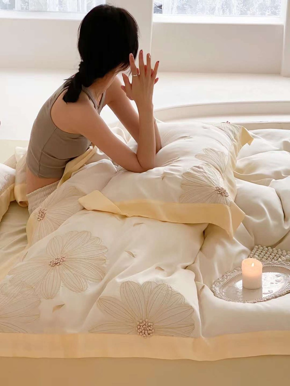 Bộ Chăn Ga Gối Đệm 5 Món Chăn Phao Lụa Tencel 80s Hin Home Bedding Drap Giường Cao Cấp