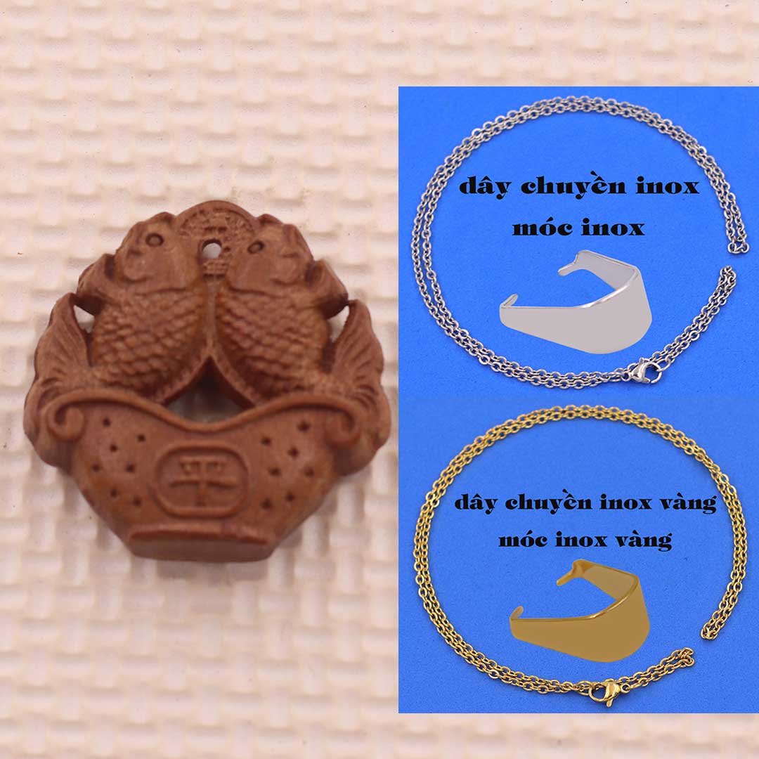Mặt dây chuyền song ngư gỗ đào kèm dây đeo Inox - Mặt dây chuyền cá, mặt dây chuyền phong thủy, mặt dây chuyền gỗ