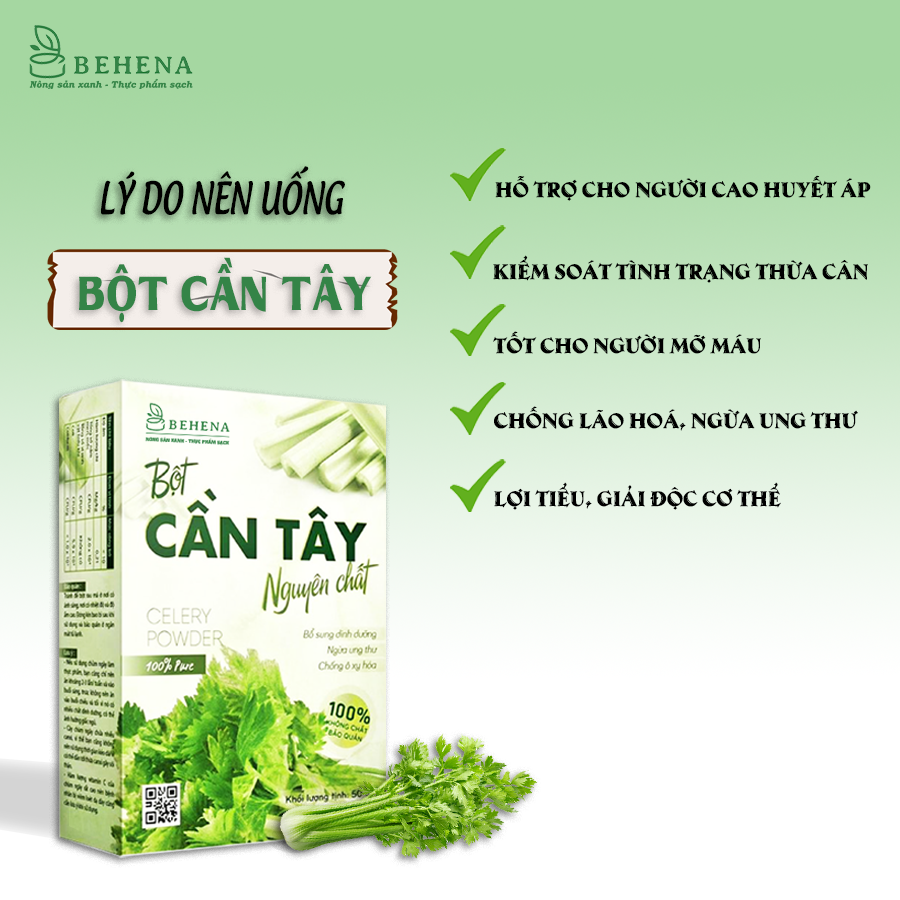 Bột Cần Tây Nguyên Chất Behena 50g - Cần Tây Sấy Lạnh Nghiền Mịn Bằng Cối Đá - Hỗ Trợ Giảm Cân - Mỡ Máu - Huyết Áp Cao