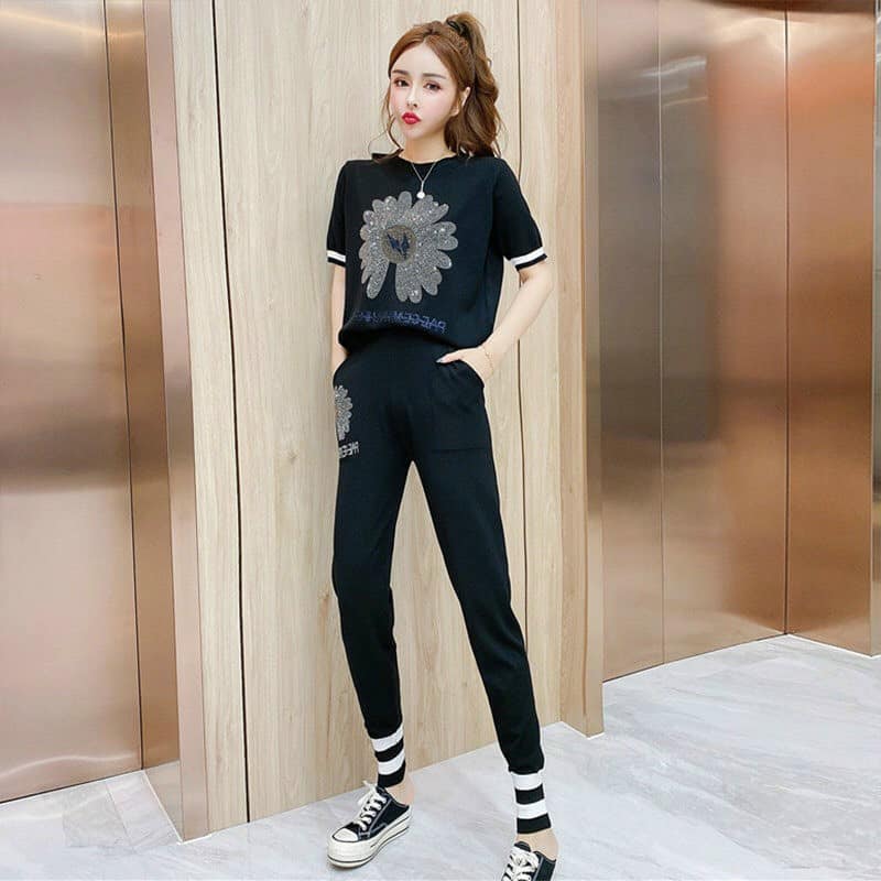 Set bộ thun đính đá hoa cúc phôis viền bo lai