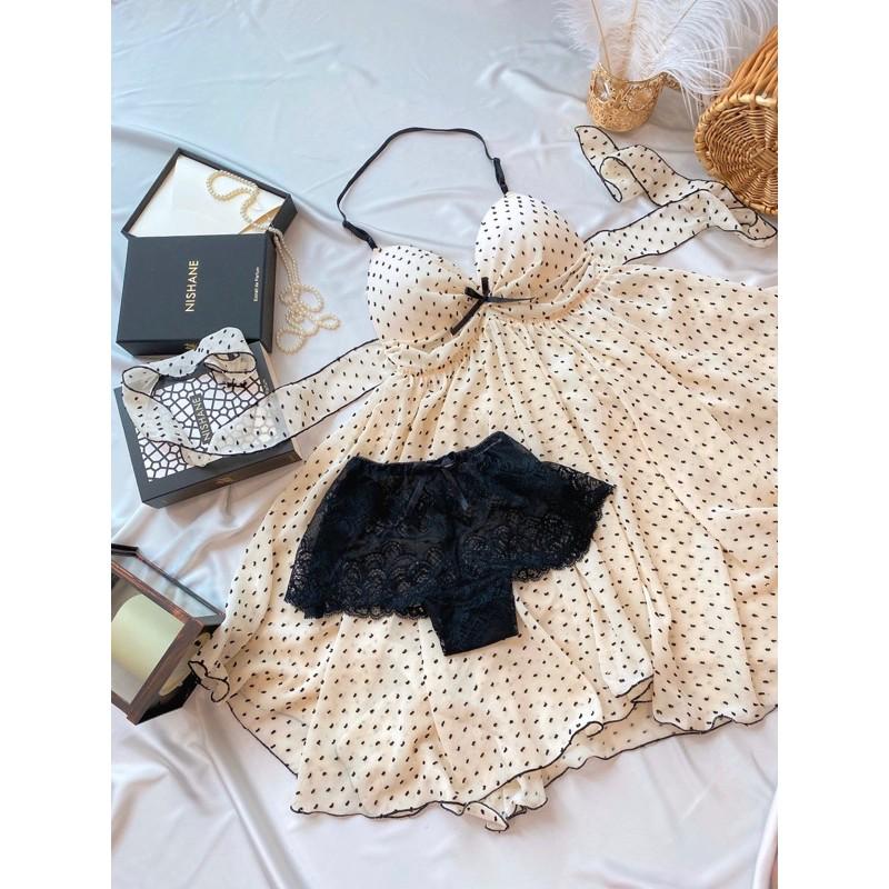 Váy ngủ thiết kế trắng chấm bi đen quyến rũ kèm quần chip Nu Bralette