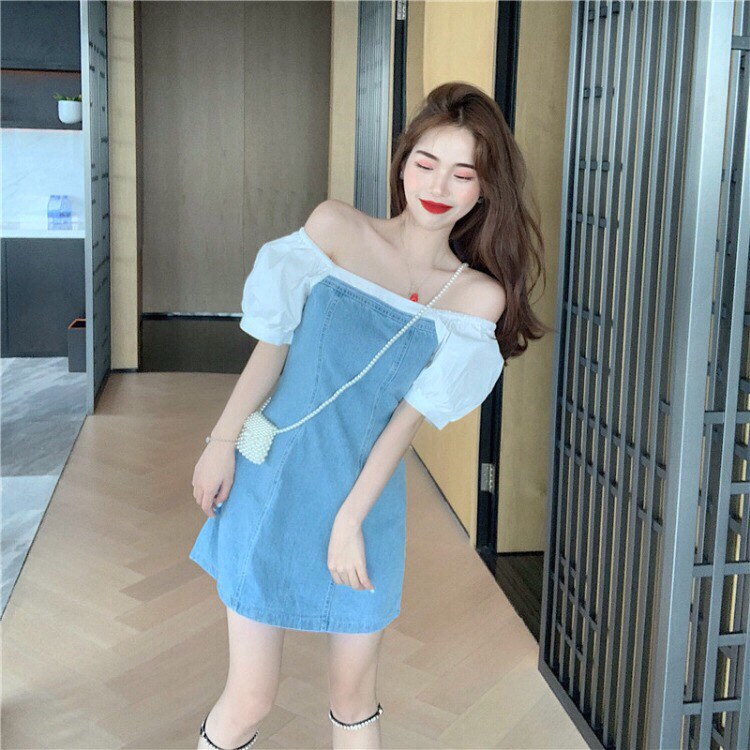 Đâm Denim cổ vuông retro Korea cho Nữ