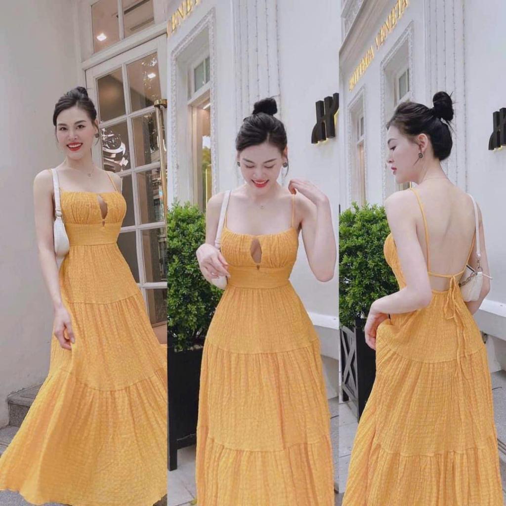 Váy đầm nữ maxi hai dây nhún tầng hở lưng cột dây quyến rũ