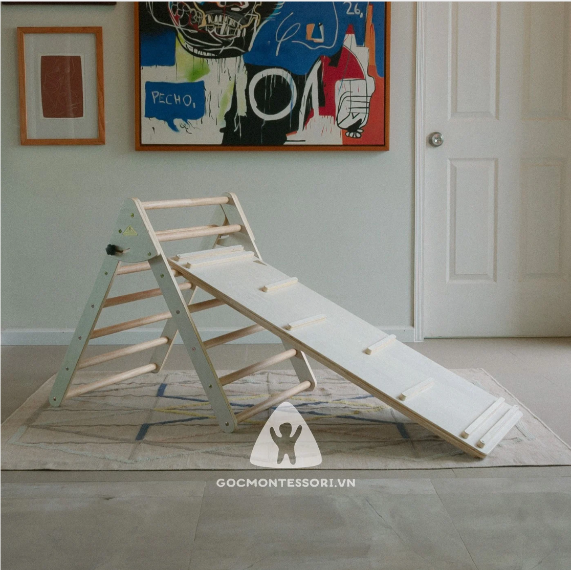 Combo Pikler Triangle 120cm Góc Montessori Giúp Trẻ Phát Triển Vận Động Thô: Thang Tam Giác Vận Động Gấp Gọn + Tấm Trèo Kiêm Cầu Trượt 120cm