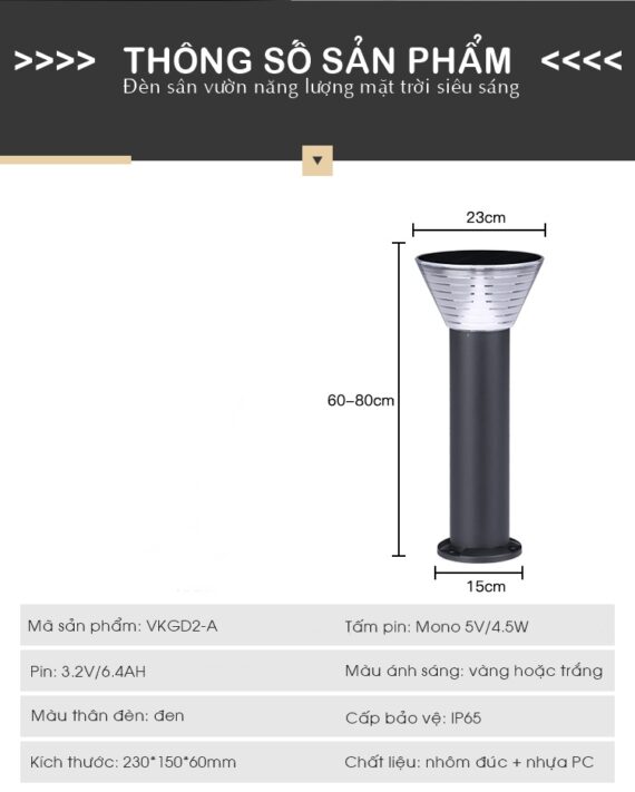 Đèn trụ sân vườn trụ tròn cao 60cm năng lượng mặt trời DMT-TS06D