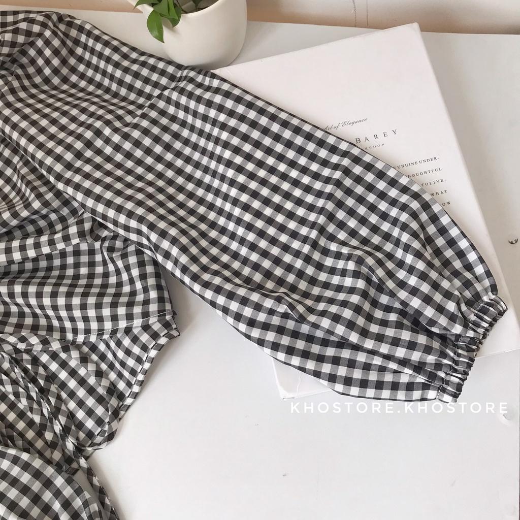 Áo croptop tay dài nhún ngực tôn dáng, áo đi biển tay phồng caro 2 màu, áo dây rút kiểu dáng hàn quốc, vải cotton mát