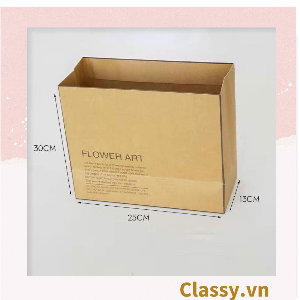 Túi giấy quai xách 30 X 25 X 13 cm đựng hoa trang trí in chữ Flower Art màu Nâu kraft vintage Q1727 (không kèm gấu, hoa, ruy băng)