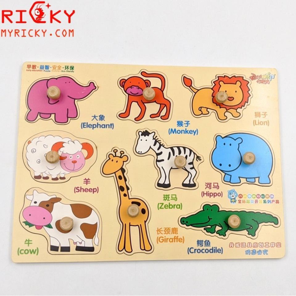 Bảng ghép con vật thông minh cho bé - bảng gỗ loại đắt có núm cầm tay