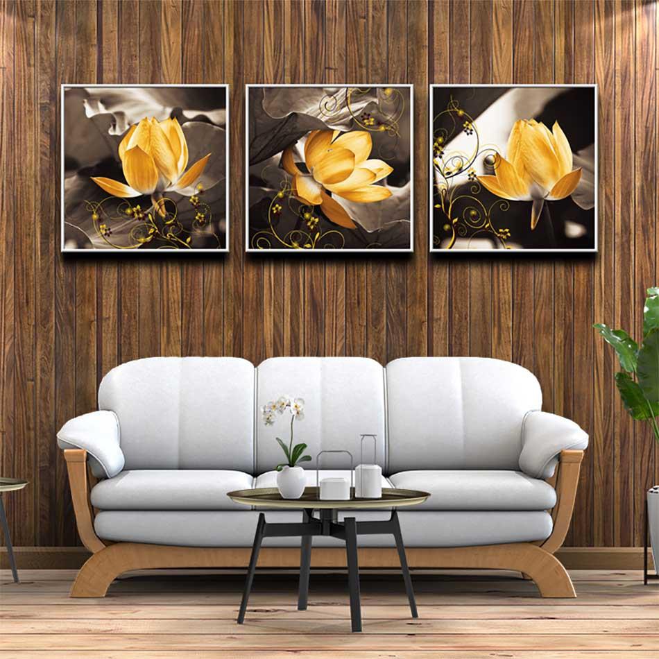 Bộ 3 tranh canvas treo tường Decor Họa tiết hoa sen vàng - DC184