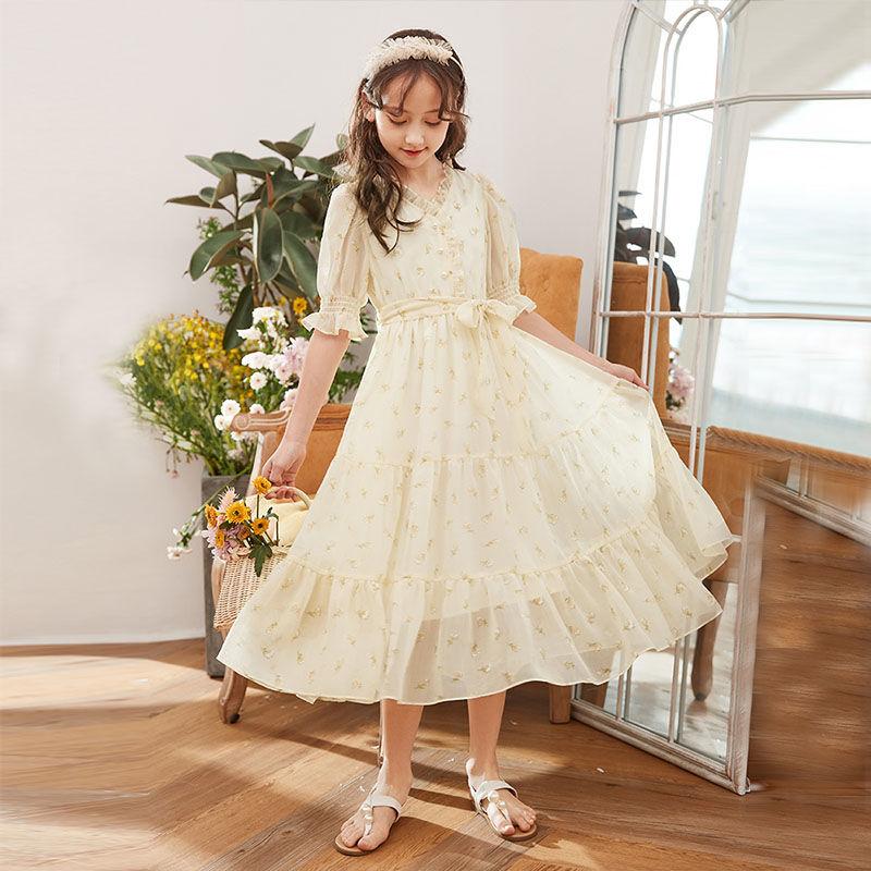 DONGSHOP HOT Váy bé gái mùa hè váy trẻ em hoa chiffon đầm 2023 bé gái lớn cô gái váy mùa hè siêu tiên