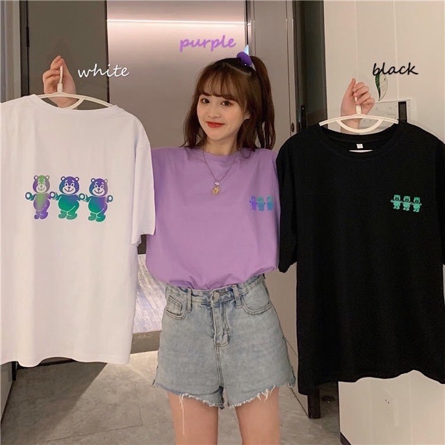 Áo thun phản quang nam nữ tay lỡ form rộng freesize Kita Unisex - 3 CHÚ GẤU - Ảnh màu in 2 mặt