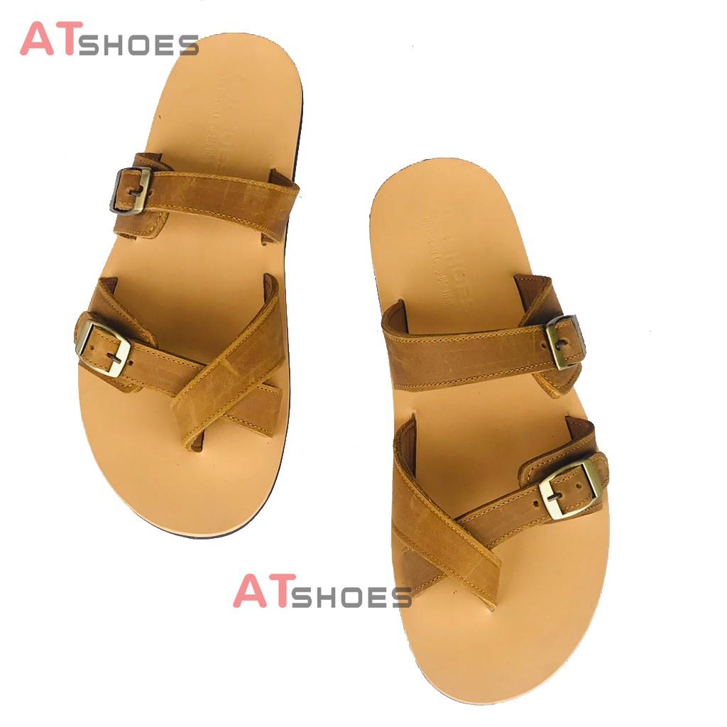 Sandal nam, dép quai ngang, dép nam da bò, không thấm nước, êm chân thoải mái Atshoes QN2M (Đen - Nâu