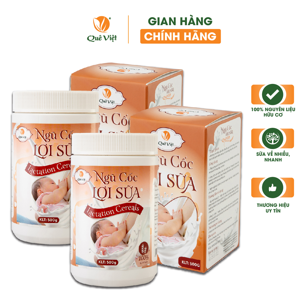 Combo 2 hộp Ngũ cốc lợi sữa Quê Việt 100% nguyên liệu hữu cơ, sữa về nhiều, nhanh, bổ sung dinh dưỡng cho bé 500gr/hộp