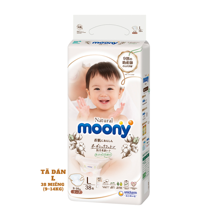 Tã/Bỉm dán Moony Natural Size L- 38 miếng( bé 9-14 kg)