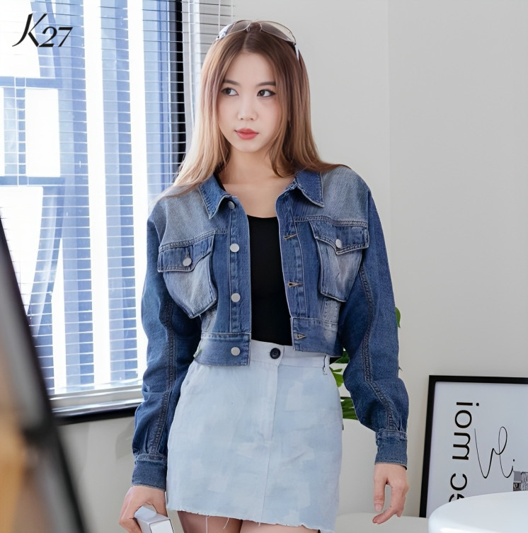 Áo khoác jeans nữ cao cấp màu xanh đậm thời trang hàng hiệu rosata k27