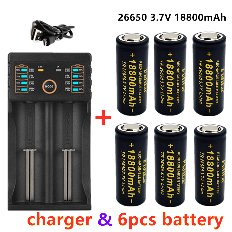2022 Pin 26650 chất lượng cao mới 18800mAh 3.7V 50A có thể sạc lại lithium ion cho đèn pin LED + bộ sạc Điện áp danh định: 3.7V