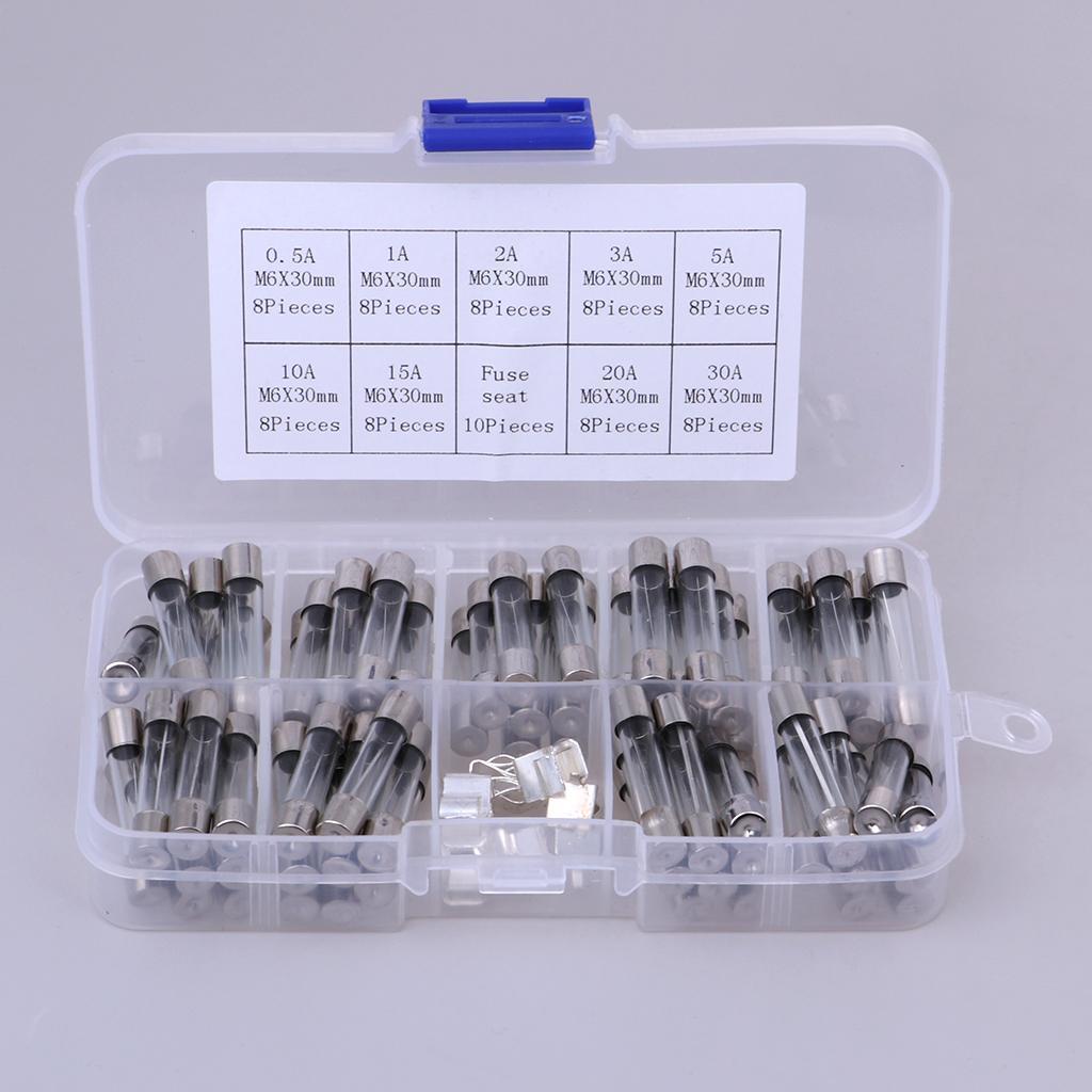 72 Pcs Electronics Quick Blow Glass Tube Fuse Assortment Kit 6*30mm 0.5A~30A