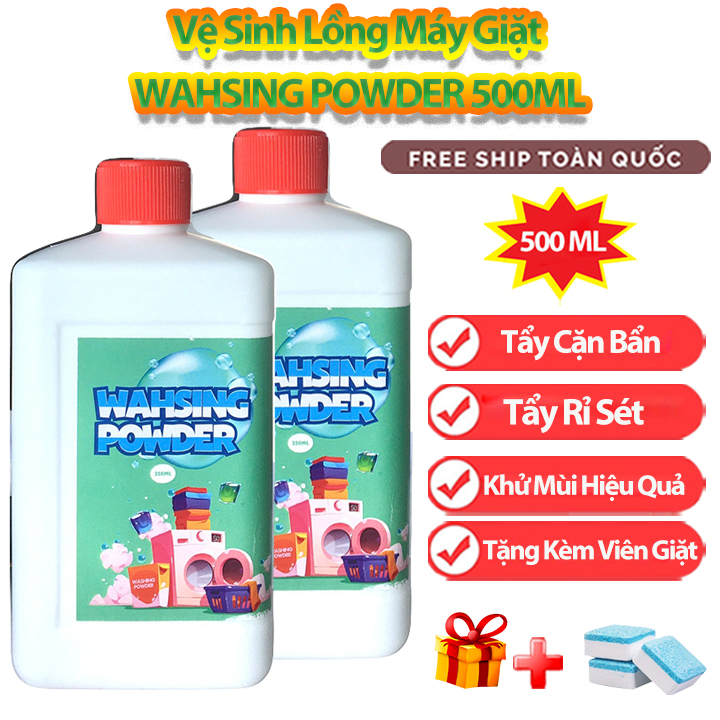 [Tặng Viên Tẩy] Nước Tẩy Lồng Máy Giặt WAHSING POWDER Chai 500ml, Mùi Dễ Chịu Vệ Sinh Khử Khuẩn Lồng Giặt Hiệu Quả