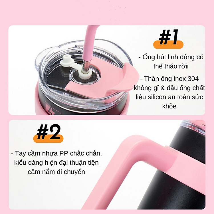 Ly Giữ Nhiệt Black Pink Thể Tích 1200ML VIỆT NAM, Inox 304, Có Ống Hút Tay Cầm, Phong Cách Hàn Quốc Giao Mùa Ngẫu Nhiên