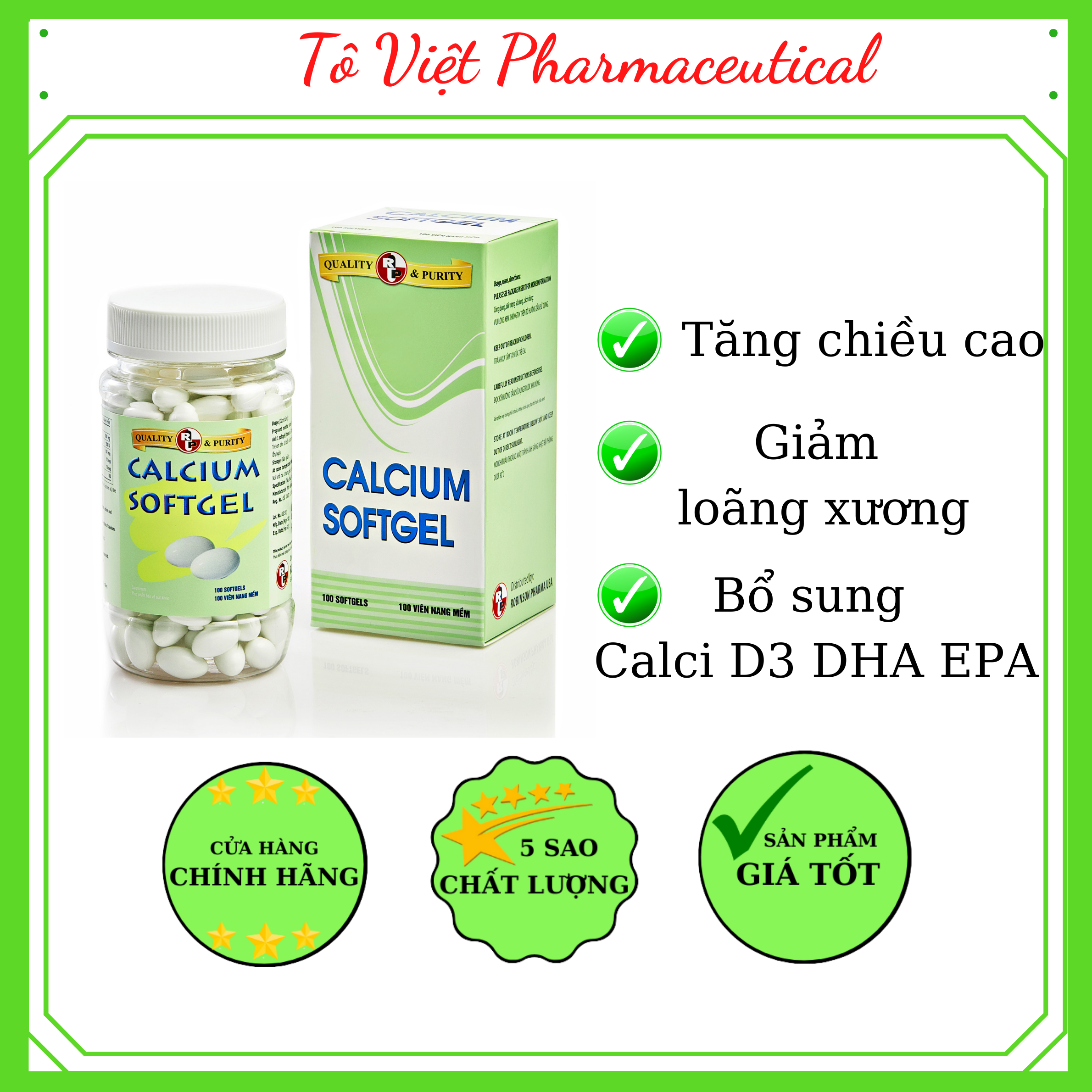TPCN- Robinsson Pharma USA- CALCIUM softgel - Viên uống bổ sung canxi, vitamin D3 và DHA giúp cải thiện chiều cao