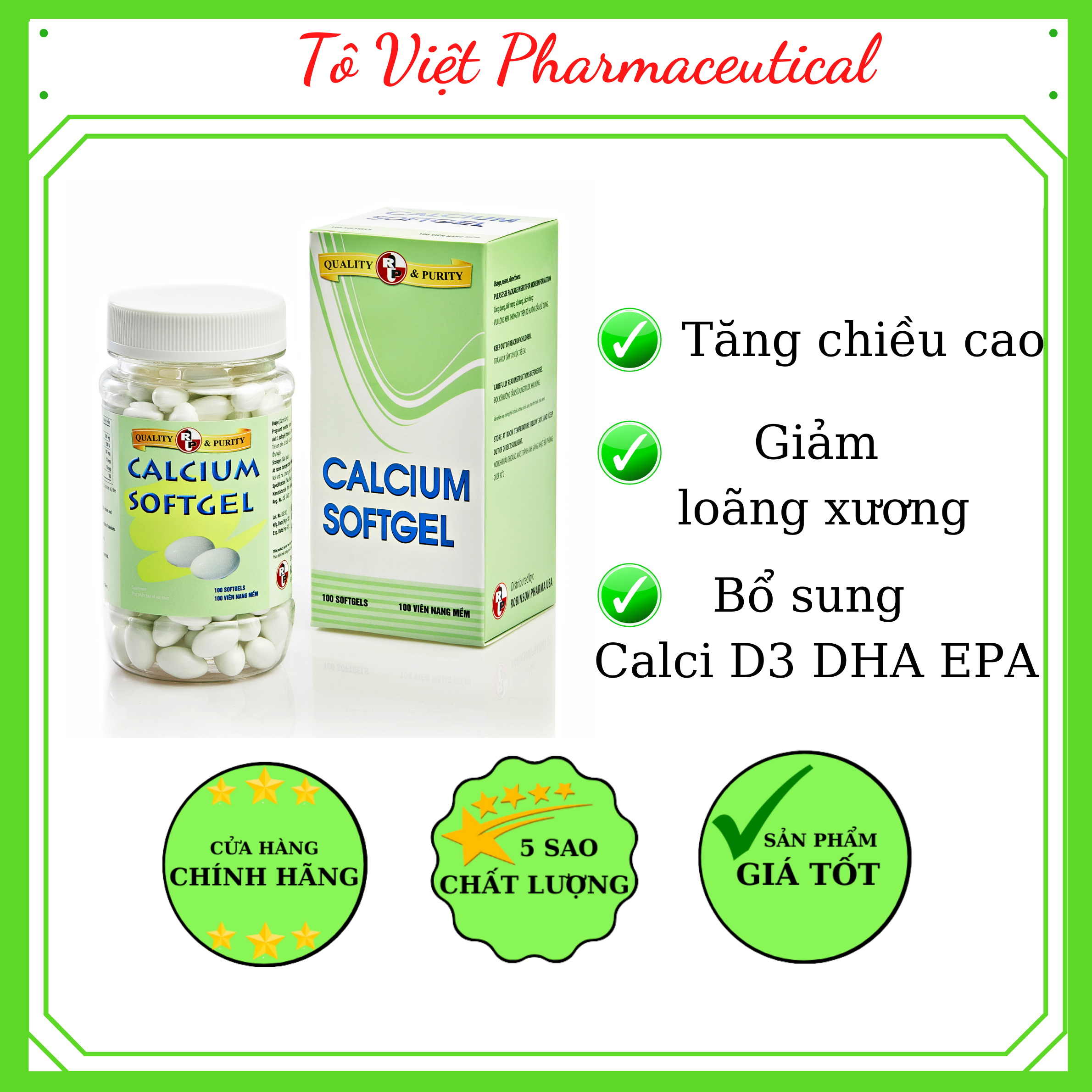 TPCN- Robinsson Pharma USA- CALCIUM softgel - Viên uống bổ sung canxi, vitamin D3 và DHA giúp cải thiện chiều cao (100 viên)