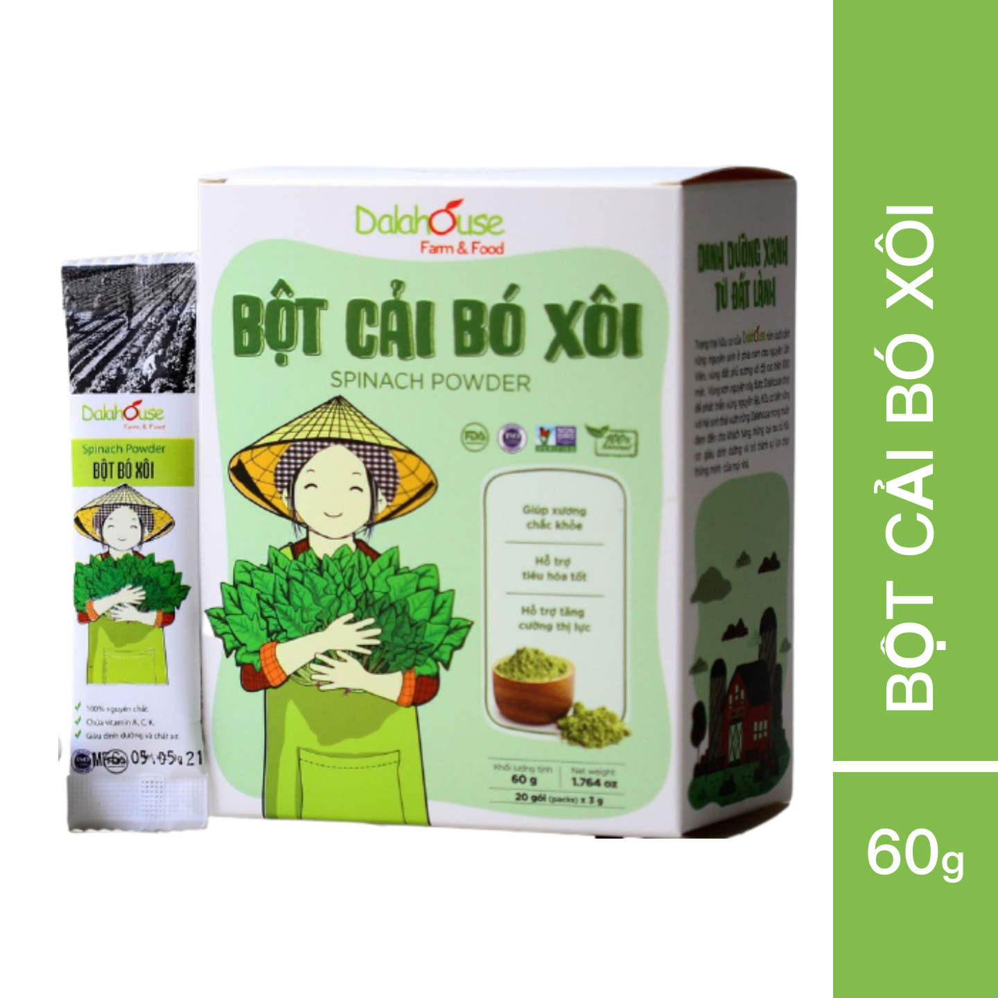 Bột cải bó xôi Dalahouse 60gr (mẫu mới gồm 20 tuýp tiện dụng)- Hữu cơ nguyên chất sấy lạnh - Đạt tiêu chuẩn Châu Âu