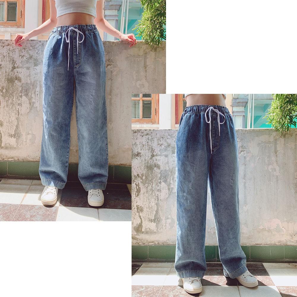 Quần jean nữ quần bò ống rộng cạp cao lưng thun chất cotton không co dãn màu xanh