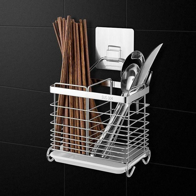 Giá inox đựng đũa thìa nhiều ngăn Ống đựng đồ dùng nhà bếp dán tường không cần khoan đục