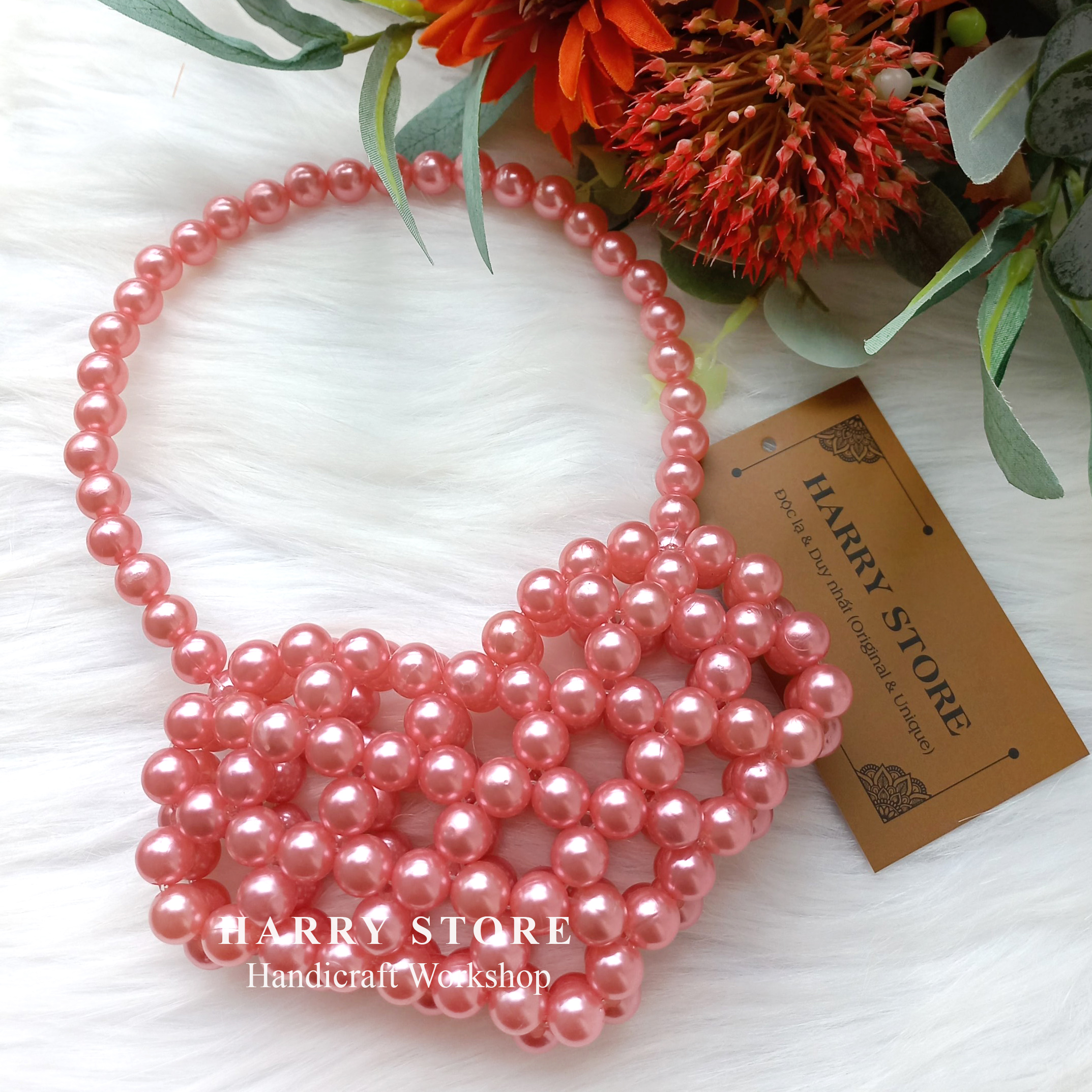 Túi cườm handmade kết ngọc trai hình trái tim đáng yêu HRRE-HN