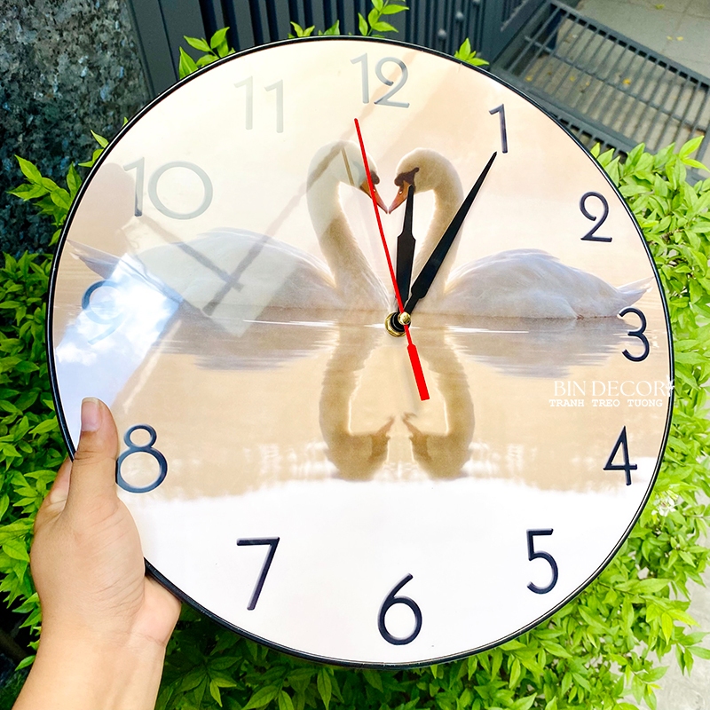 (CÓ ẢNH THẬT) Tranh đồng hồ tròn tráng gương đôi thiên nga kèm pin và đinh