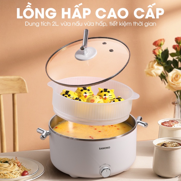 Nồi lẩu điện đa năng SAMONO SW-DG02 3 lít kèm xửng hấp chiên xào hấp nấu lẩu tiện dụng - Hàng chính hãng