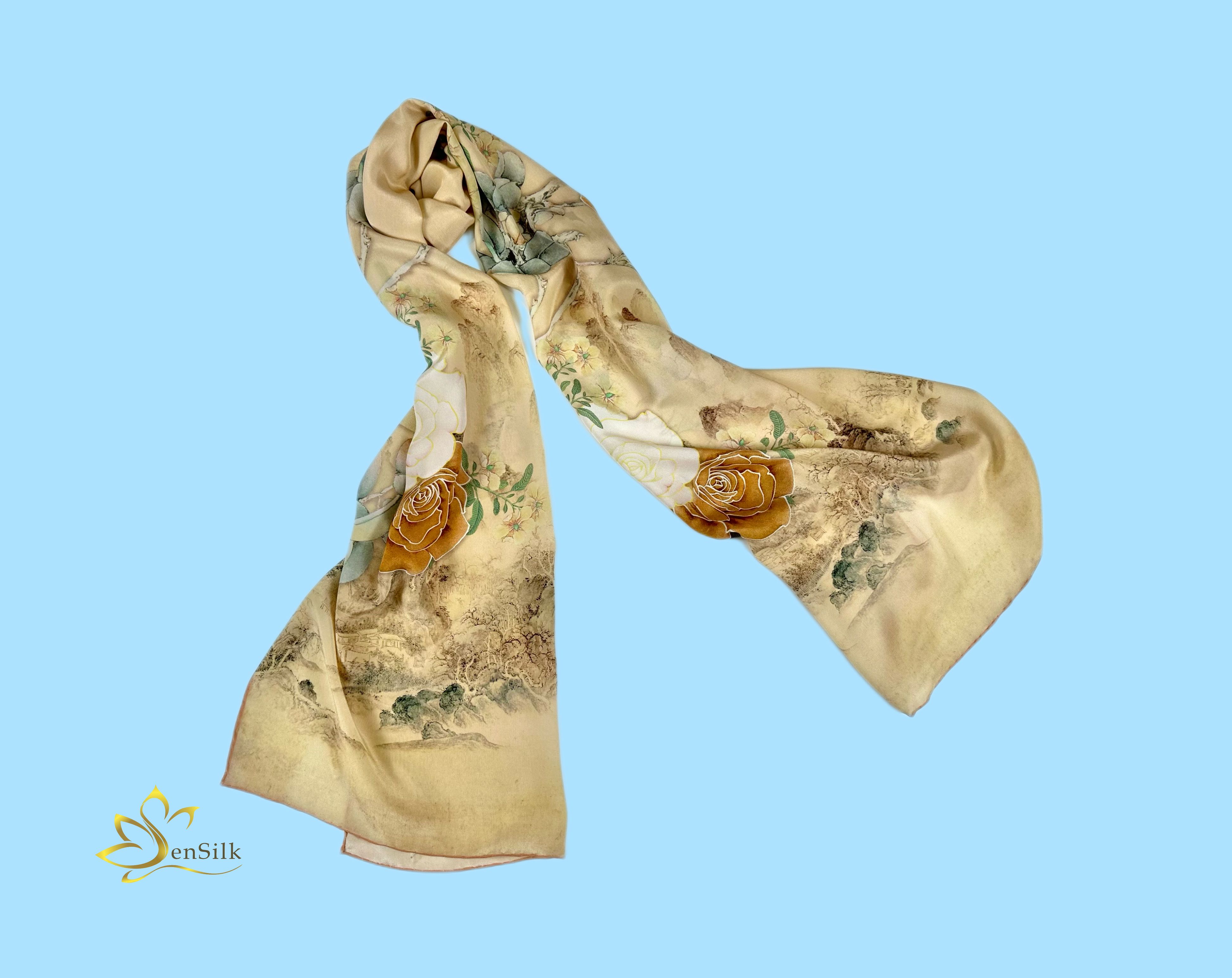 Khăn Lụa Cao Cấp in Kỹ Thuật Số Sen Silk KLDI02 Rose - Printed Silk Scarves - Quà Tặng Khách Nước Ngoài