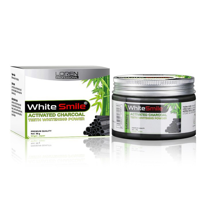 Bột đánh trắng răng Than Hoạt Tính Loren White Smile giúp làm trắng răng sạch mảng bám và cao răng hiệu quả 50g