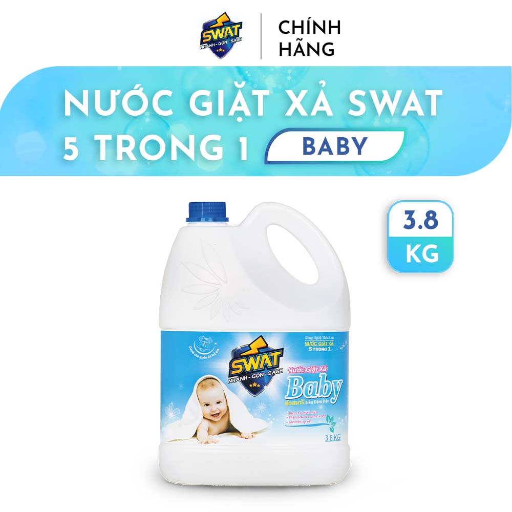 Nước Giặt Xả SWAT 5 in 1 hương Baby siêu thơm Can 3.8KG - Siêu tiết kiệm giúp diệt khuẩn, công nghệ lưu hương kép