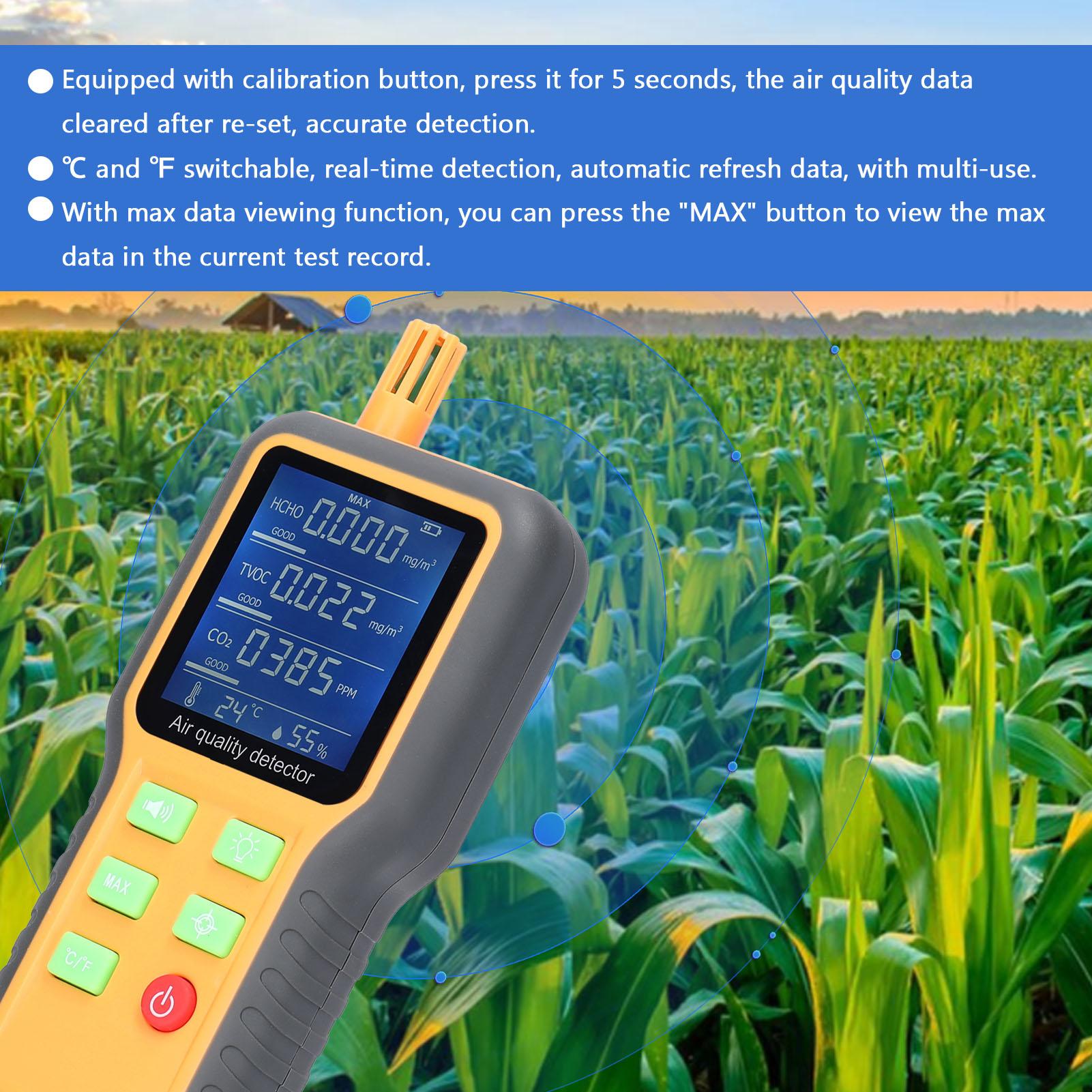 Household Air Quality Detector Multifunctional T/H Sensors CO2 Tester LCD Display with Backlit Carbon Dioxide TVOC HCHO Value Temperature Humidity Detect Self-calibration with Alarm Function