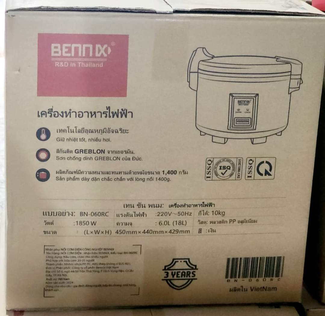 Nồi cơm điện công nghiệp 1850W Bennix Thái Lan BN-060RC dung tích 6L - Hàng chính hãng