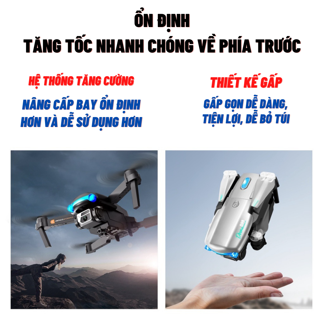 Flycam Mini Giá Rẻ Drone S98 Pro, Máy Bay Điều Khiển Từ Xa 4 Cánh Động Cơ Không Chổi Than, Play Camera Cao Cấp 2 Camera,